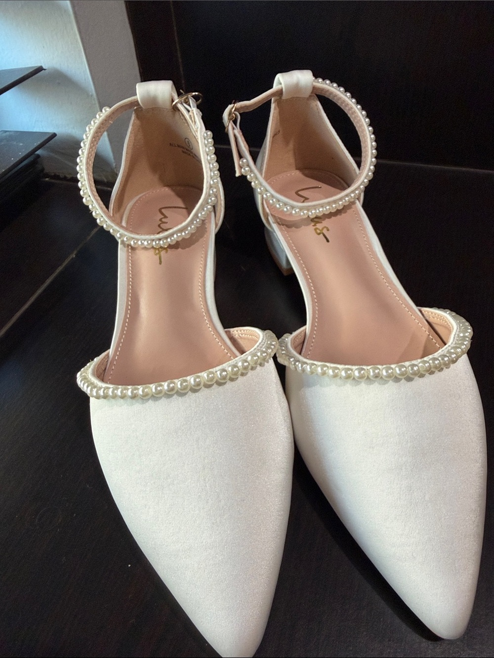Phoebee White Satin Pearl Pointed-Toe Ankle Strap Flats from Lulus